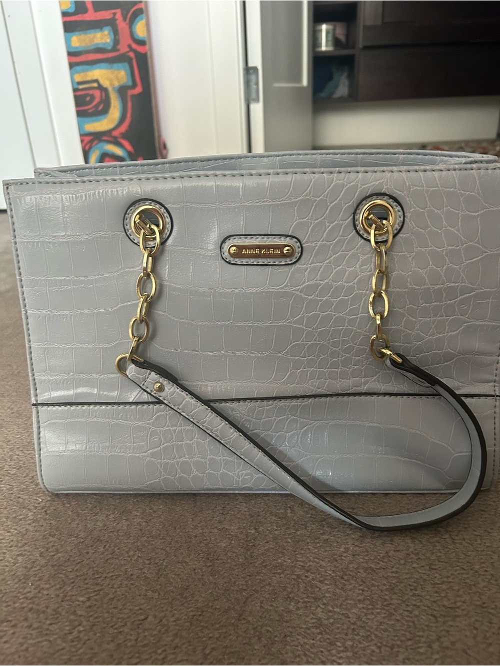 Anne Klein Light Gray Croc-Embossed Shoulder Tote with Gold Chain